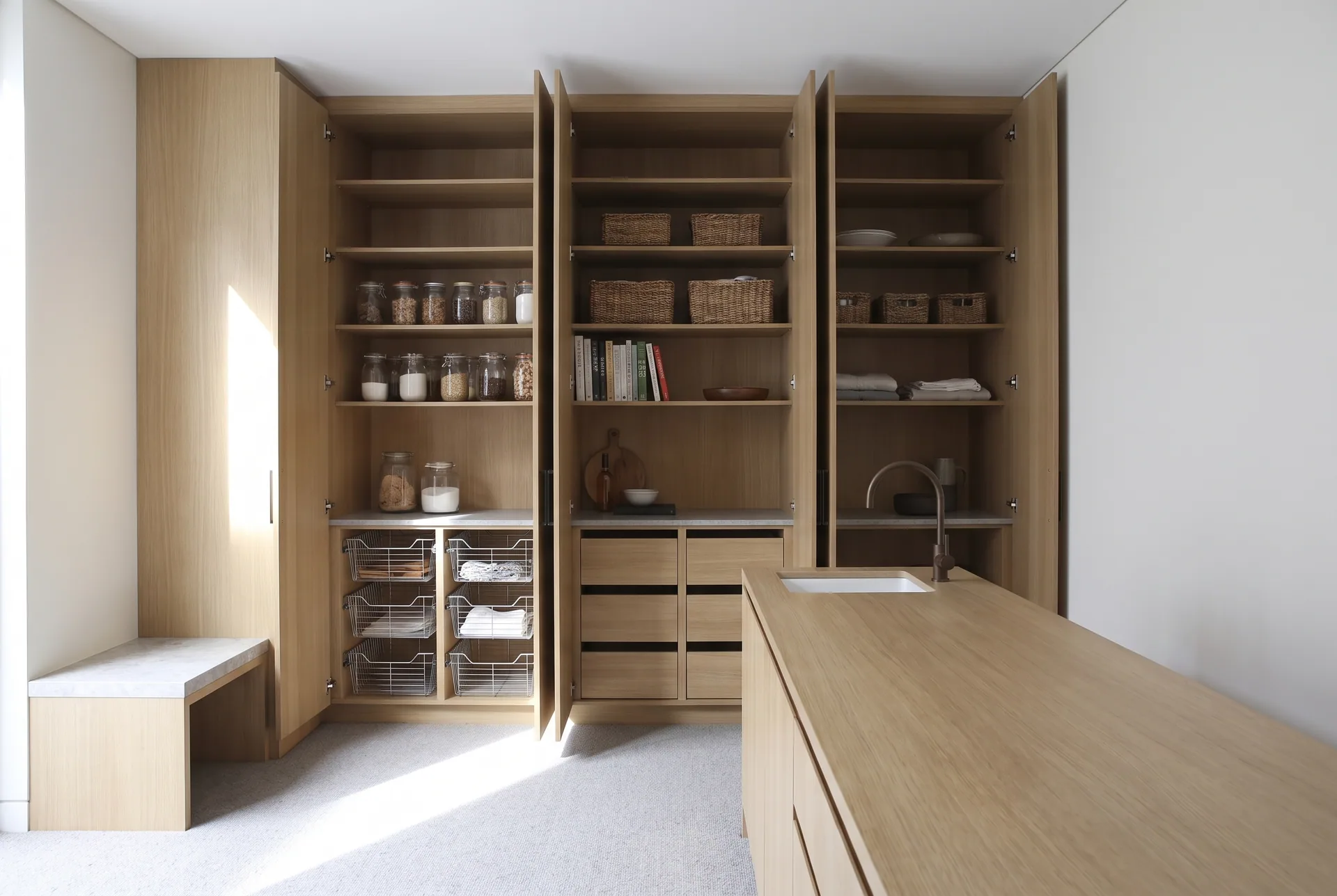 Design concept: tall oak pantry cupboards open beside a kitchen bench