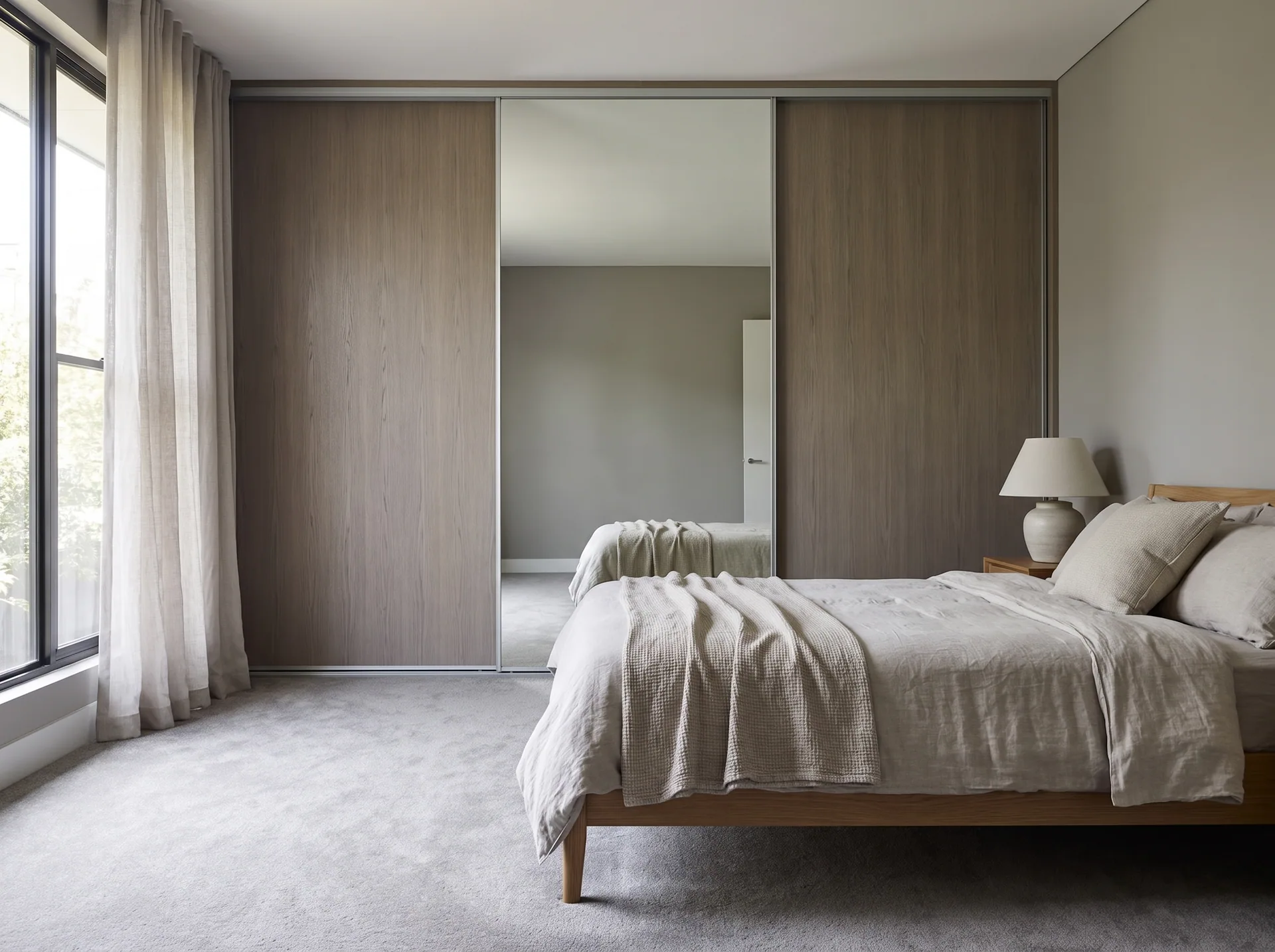 Design concept: bedroom with floor-to-ceiling mirrored sliding wardrobe doors