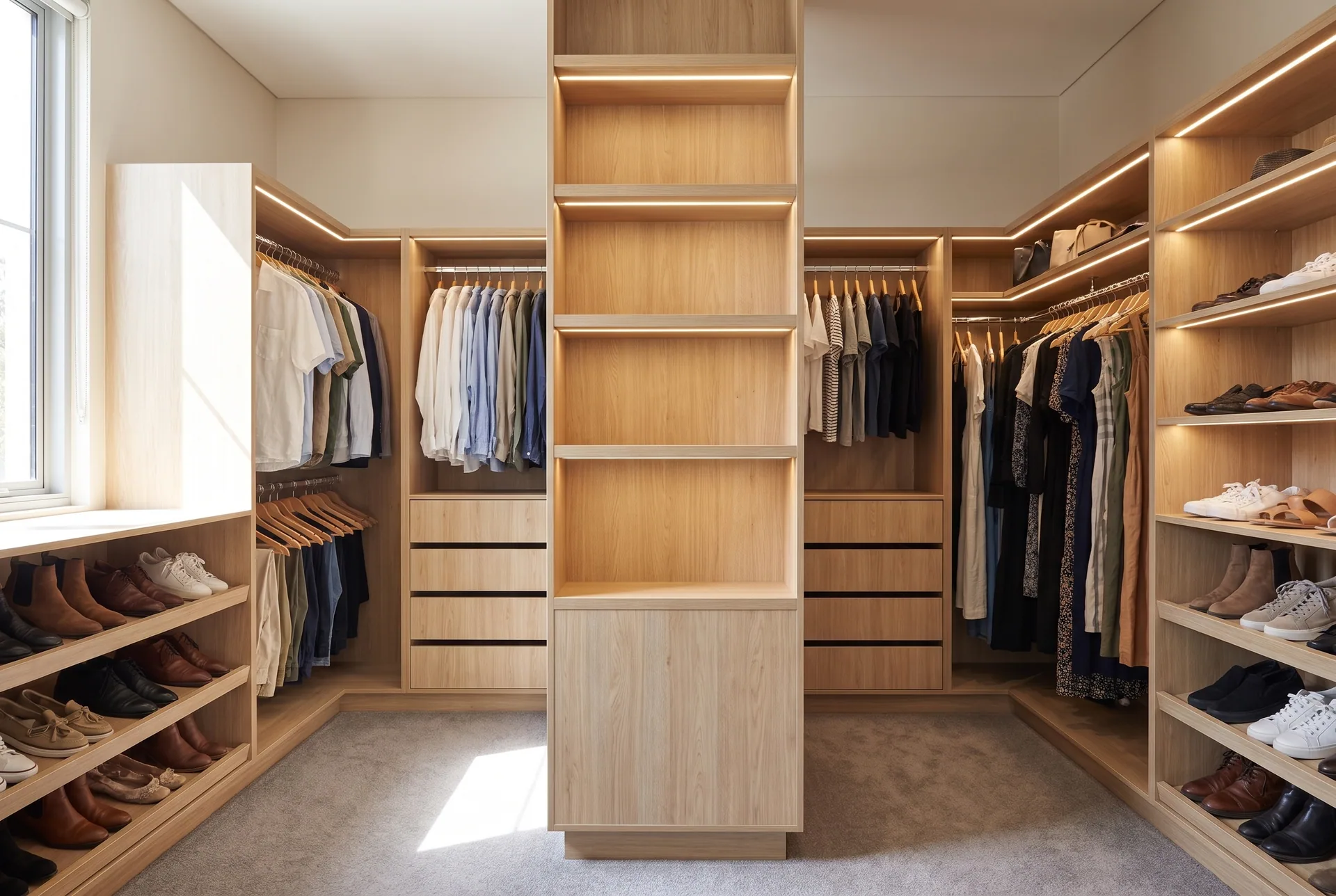 Design concept: walk-in wardrobe with a glass-fronted hanging rail and drawer tower
