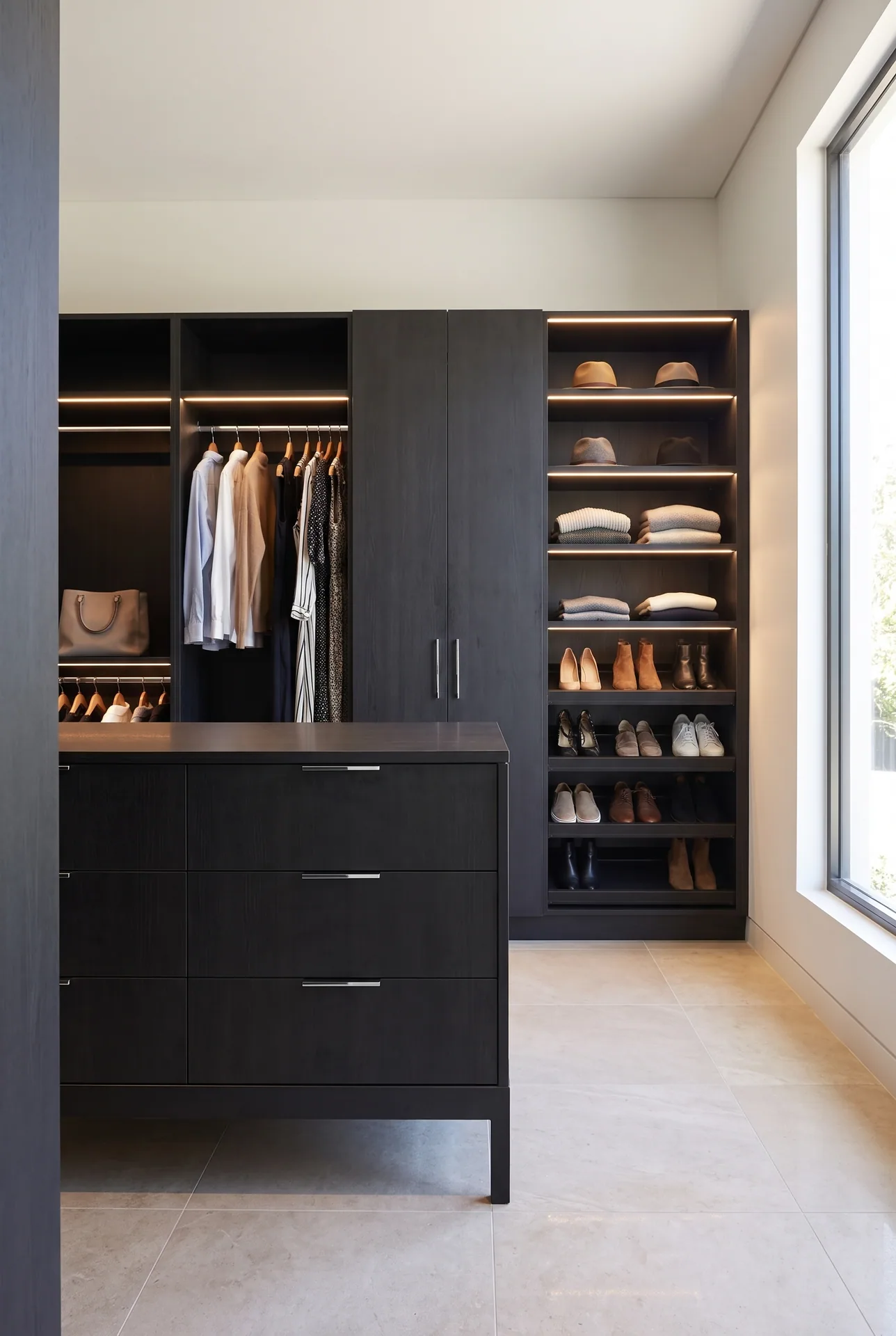Design concept: freshly fitted dressing room with a central island