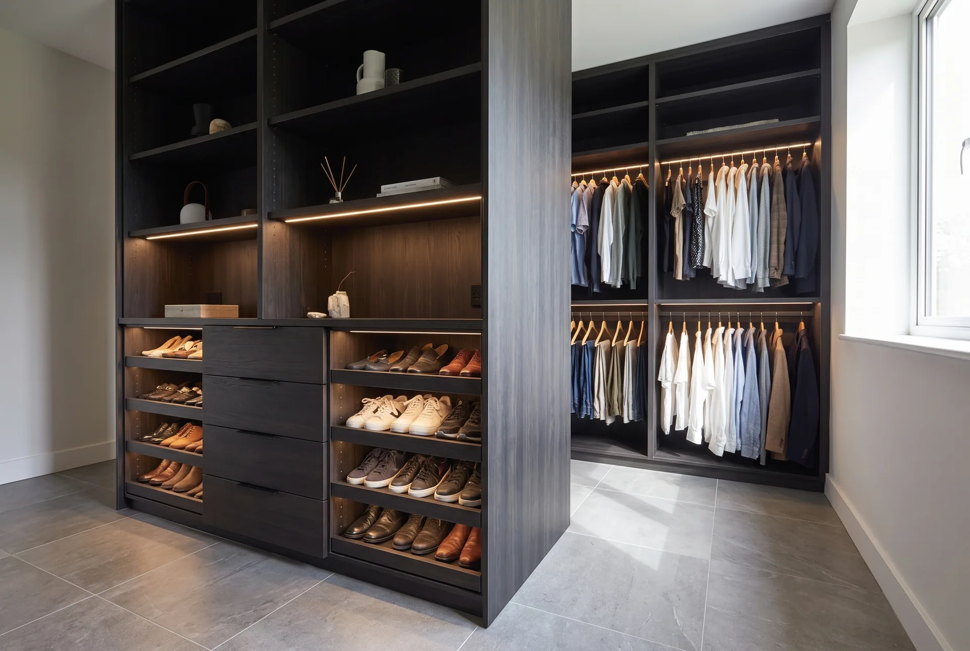Design concept: wardrobe interior with a bank of drawers and LED-lit shelving