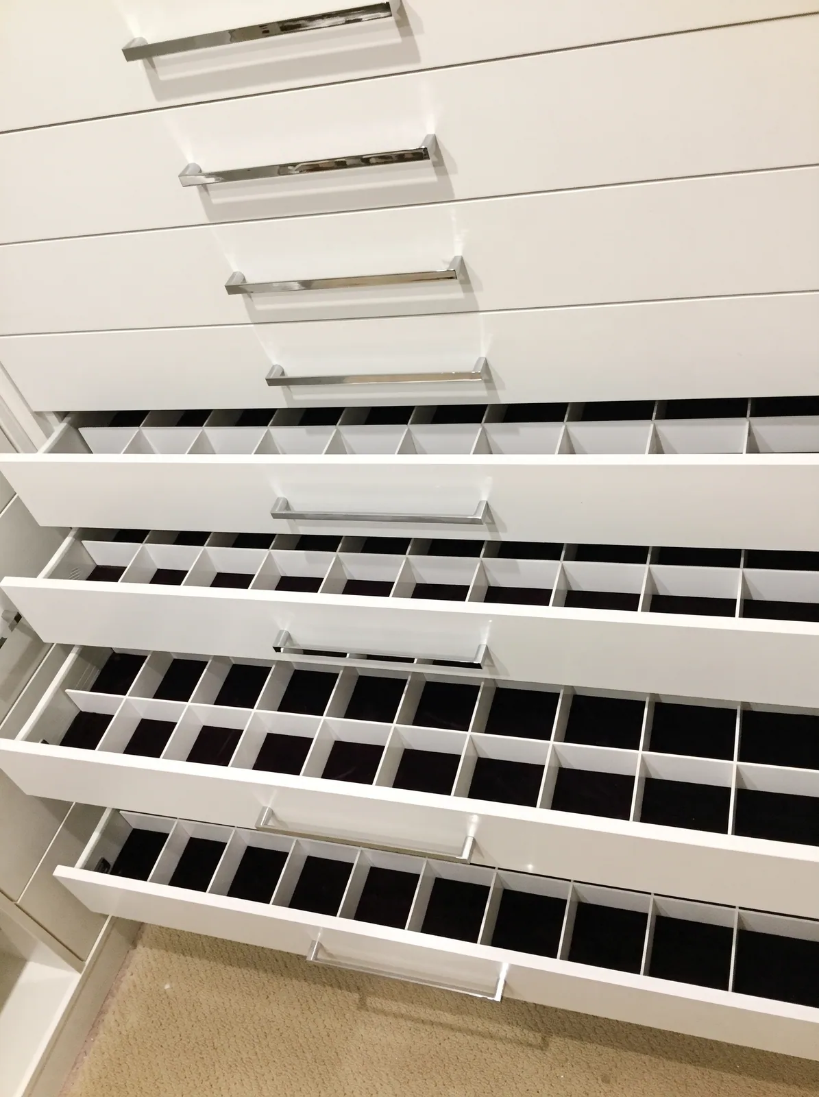 Wardrobe internals with a drawer bank, double hanging and shoe shelving in a Baulkham Hills home