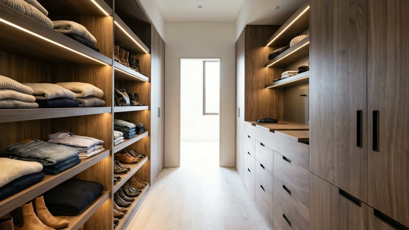 Walk-in wardrobe in bronzed oak with LED-lit shelving, designed by Reflections