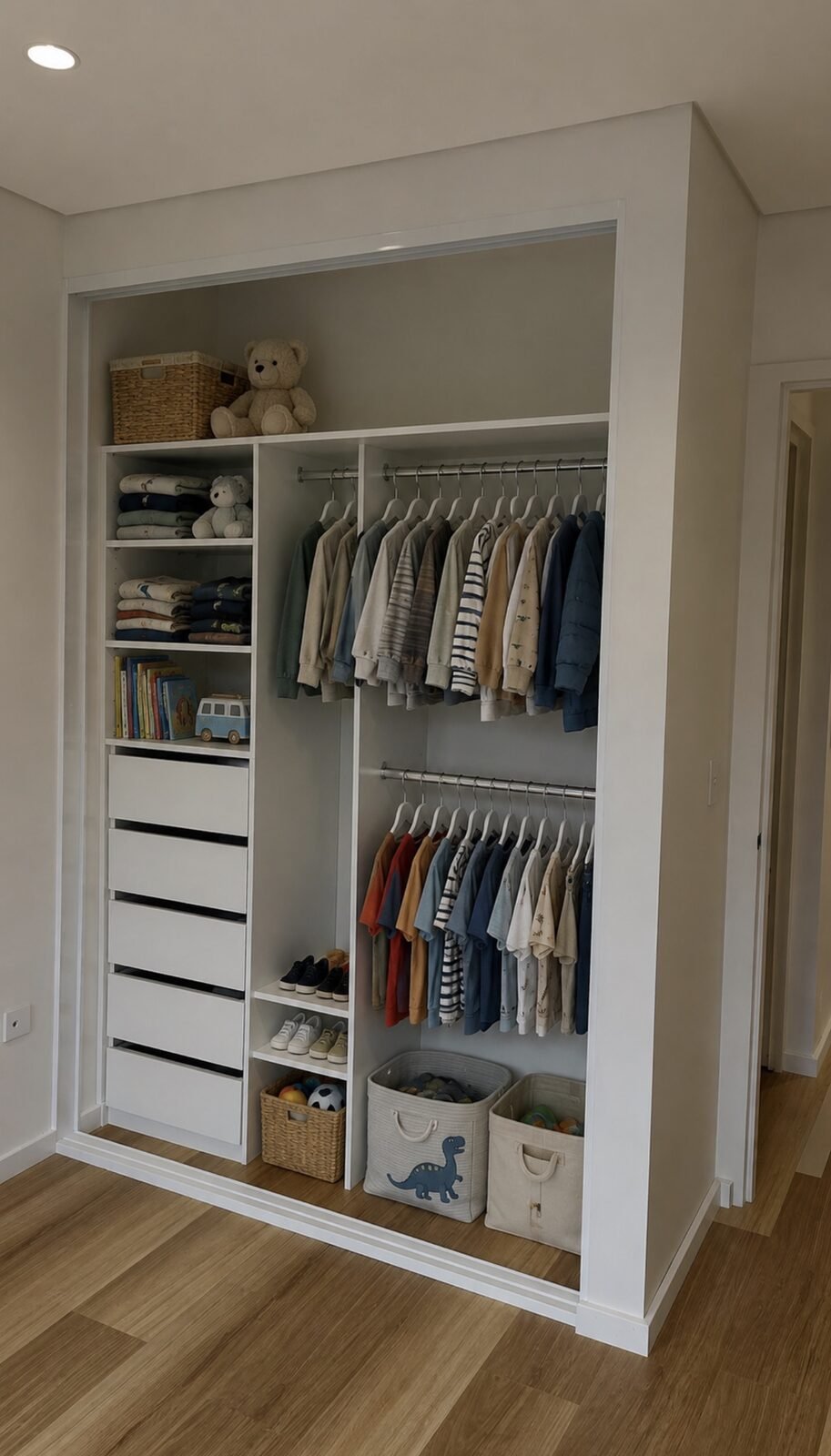 Bank of white soft-close drawers inside a custom built-in wardrobe