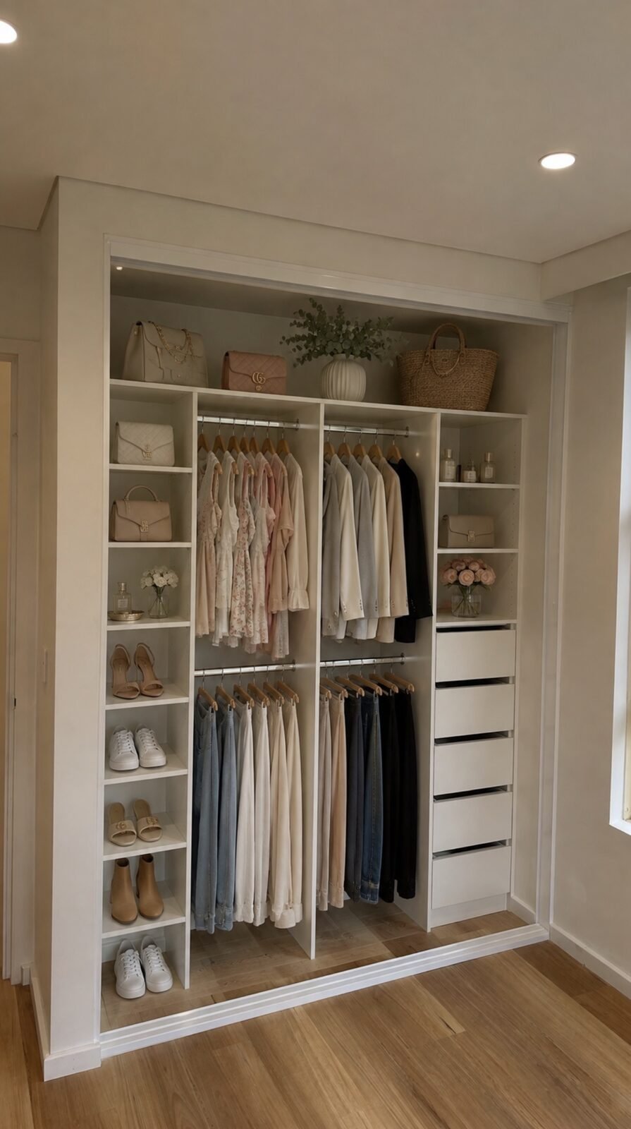 Custom wardrobe internals we built, with organised hanging and shelving