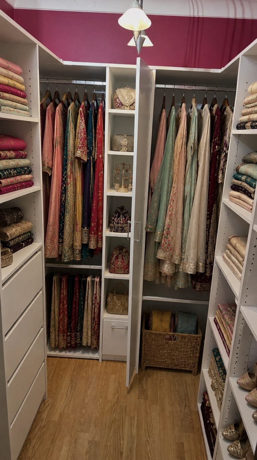 Walk-in wardrobe filled with colourful garments, built by Reflections